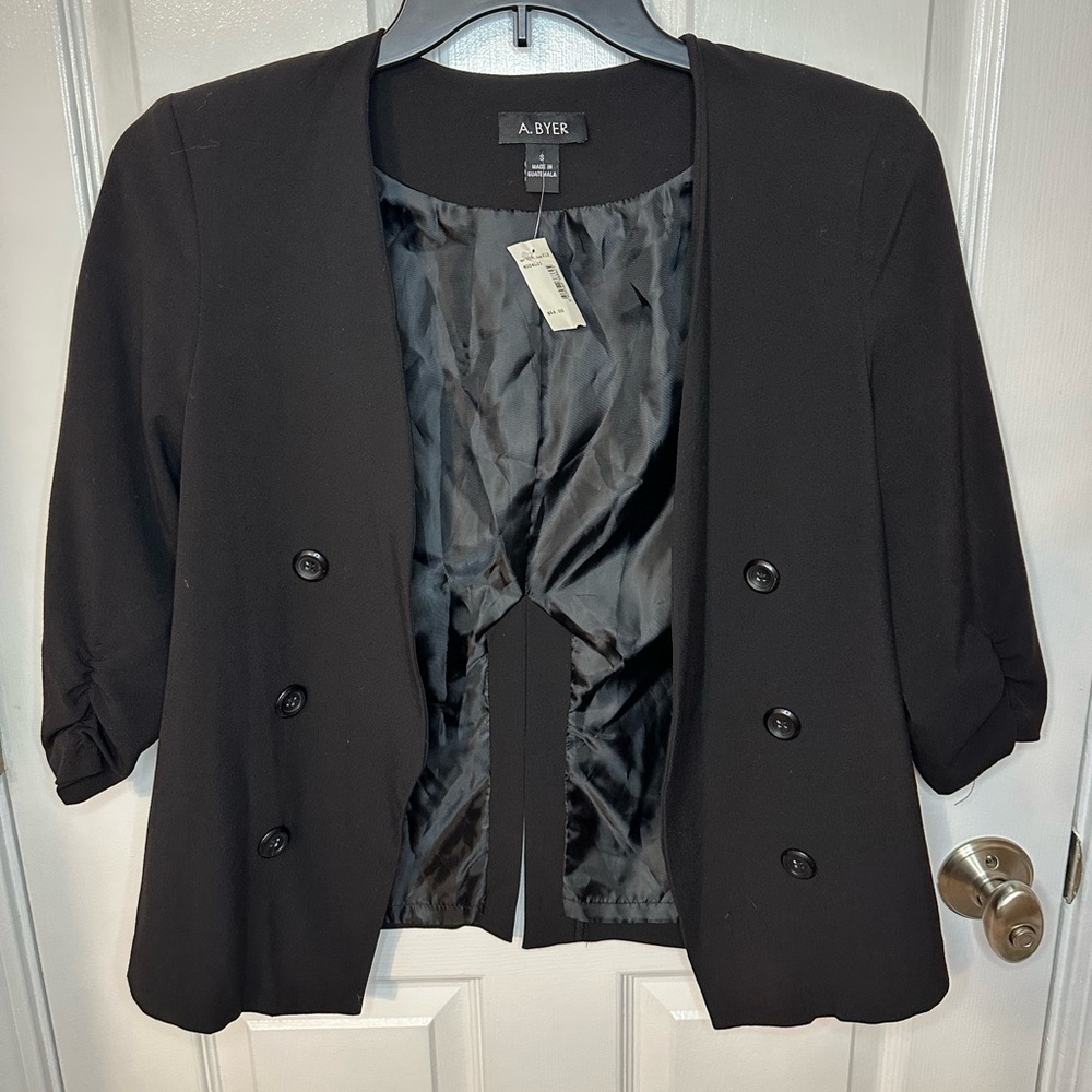 NWT A. Byer Open Front 3/4 Sleeve Women's Black Blazer